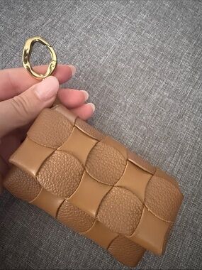 Polene Brown Woven Leather Wristlet Key Pouch with Gold Ring
